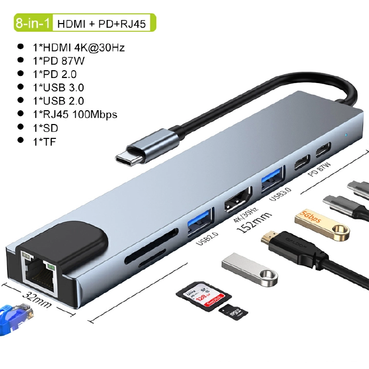 8/6/4in 1 USB C HUB Type C Splitter To HDMI 4K Thunderbolt 3 Docking Station Laptop Adapter With PD SD TF RJ45