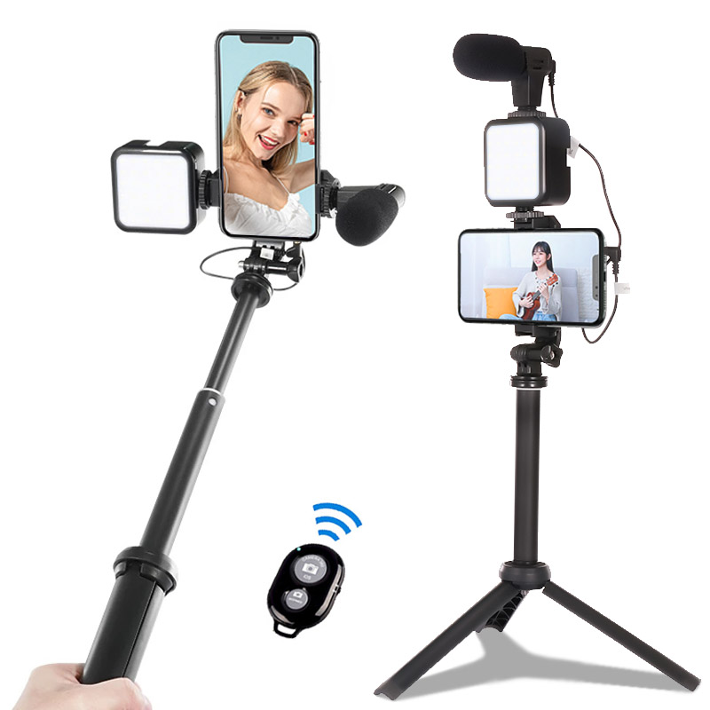 Portable 5in 1 Selfie Photography Video Handheld Vlog Phone Stand Tripod Stabilizer Kit LED Fill Light Microphone Remote Shutter Phone Camera Video Record