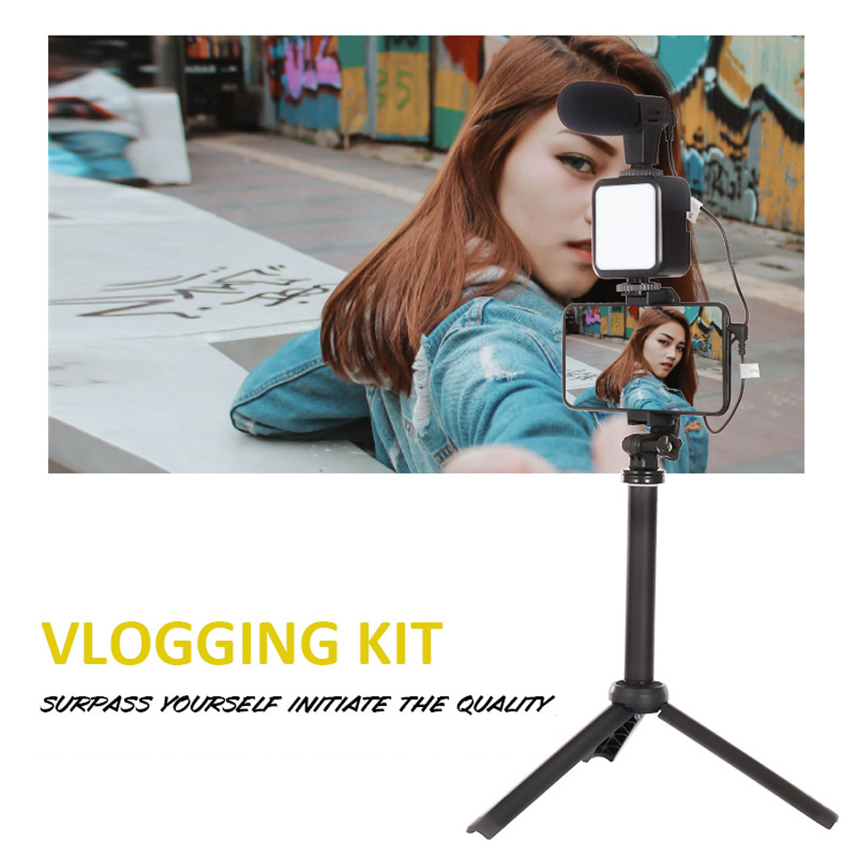 Portable 5in 1 Selfie Photography Video Handheld Vlog Phone Stand Tripod Stabilizer Kit LED Fill Light Microphone Remote Shutter Phone Camera Video Record