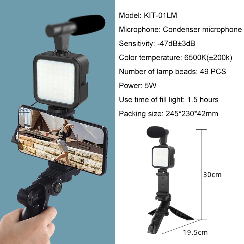 Phone Handle Portable Photography Lighting Phone Video Kit 5 in 1 Phone Holder Microphone Fill Light LED Selfie Lights Selfie Tripod  Remote Shutter Phone Camera Video Record Stabilizer Bracket