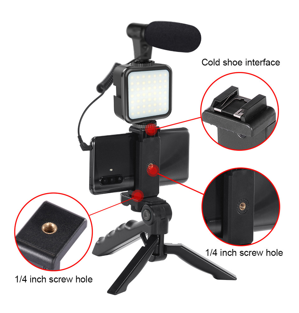 Phone Handle Portable Photography Lighting Phone Video Kit 5 in 1 Phone Holder Microphone Fill Light LED Selfie Lights Selfie Tripod  Remote Shutter Phone Camera Video Record Stabilizer Bracket