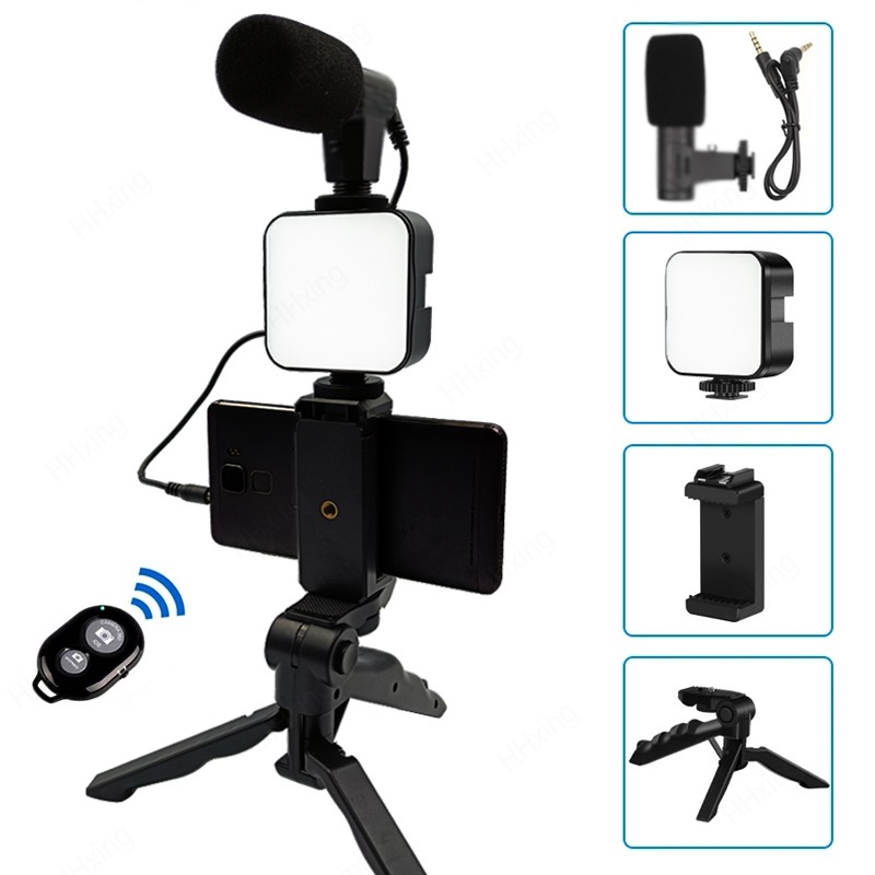 Phone Handle Portable Photography Lighting Phone Video Kit 5 in 1 Phone Holder Microphone Fill Light LED Selfie Lights Selfie Tripod  Remote Shutter Phone Camera Video Record Stabilizer Bracket Black,as picture