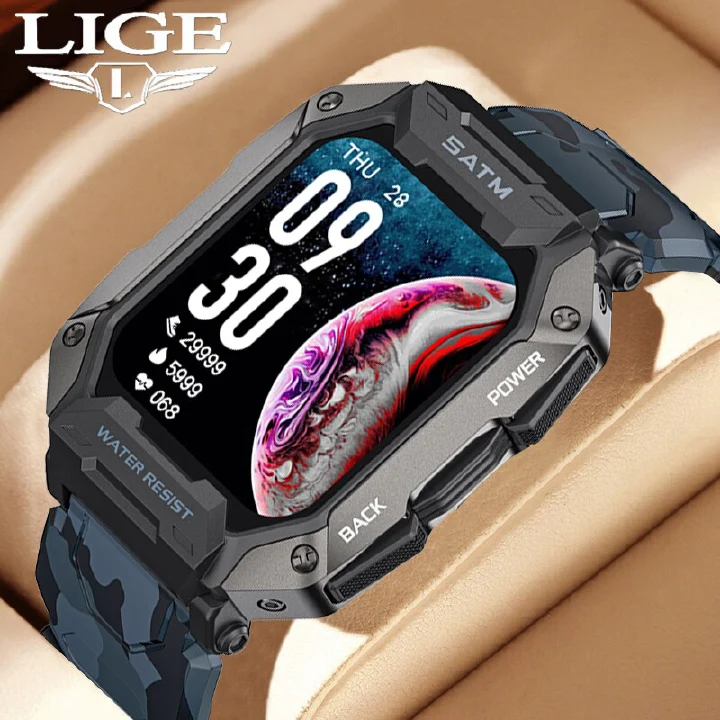 LiGe Full Touch Smart Watches Men Carbon Black Ultra Army Military Outdoor IP68 5ATM Waterproof Heart Rate Blood Oxygen Smartwatch