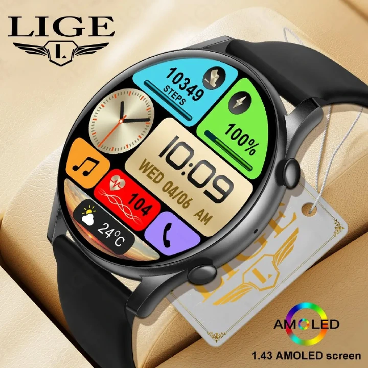 LIGE AMOLED Men Smart Watches Bluetooth Call Heart Rate Blood Oxygen Waterproof Sports Fitness Bracelet Women Smartwatches Men Clock