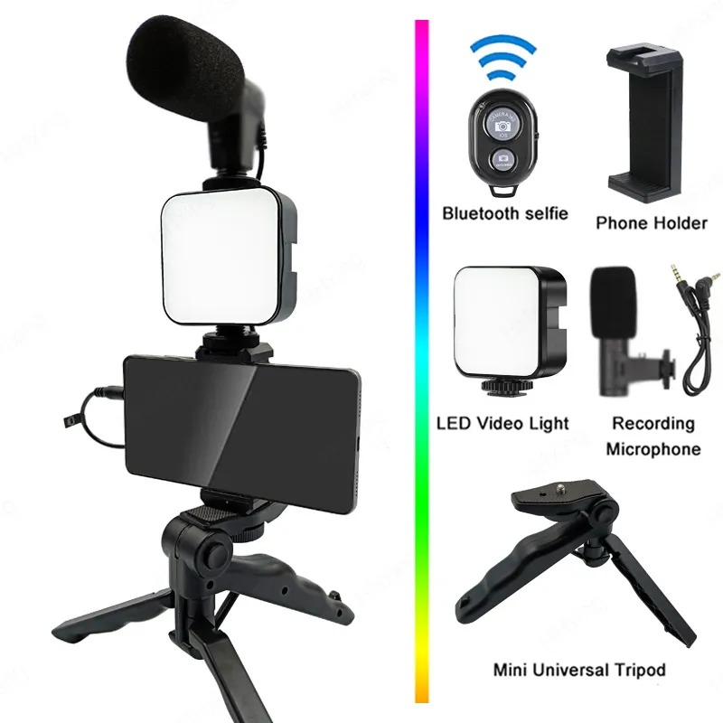 Phone Handle Portable Photography Lighting Phone Video Kit 5 in 1 Phone Holder Microphone Fill Light LED Selfie Lights Selfie Tripod  Remote Shutter Phone Camera Video Record Stabilizer Bracket