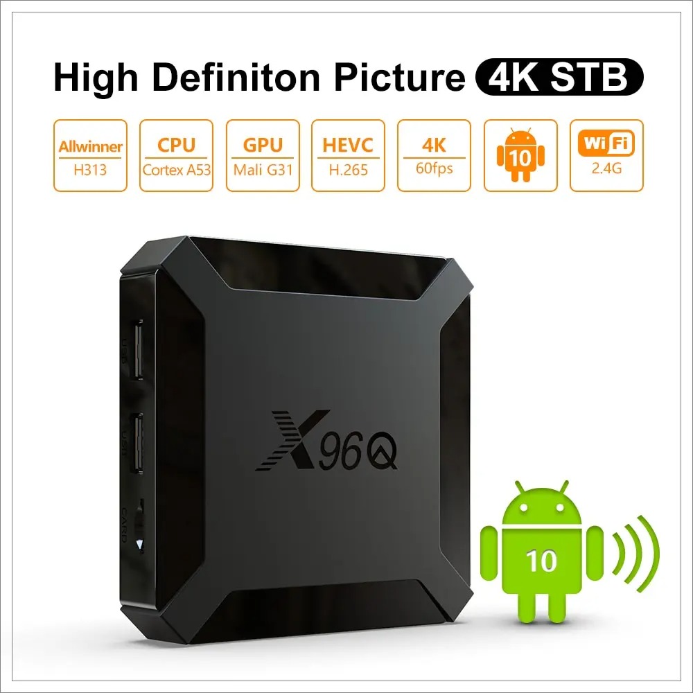 X96Q Smart TV Box Android 10.0 Allwinner H313 Quad Core 2.4GWiFi HDR10 4K 3D H. 265 2GB RAM 16GB ROM Set Top TV Box