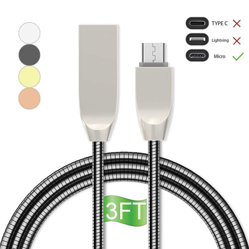 3.3Ft (1m) Type-C,USB Micro,USB Lightning Fast Charge Cord &amp; Data Sync Metal Spring Shield Cord