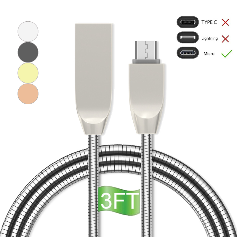3.3Ft (1m) Type-C,USB Micro,USB Lightning Fast Charge Cord &amp; Data Sync Metal Spring Shield Cord