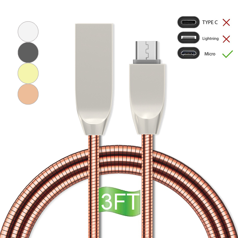 3.3Ft (1m) Type-C,USB Micro,USB Lightning Fast Charge Cord &amp; Data Sync Metal Spring Shield Cord