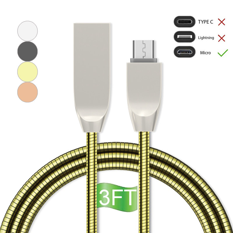 3.3Ft (1m) Type-C,USB Micro,USB Lightning Fast Charge Cord &amp; Data Sync Metal Spring Shield Cord