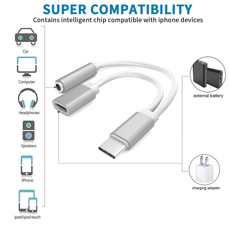 2 in 1 USB Type C to 3.5mm Audio Jack Headphone Adapter Converter Audio and Charging