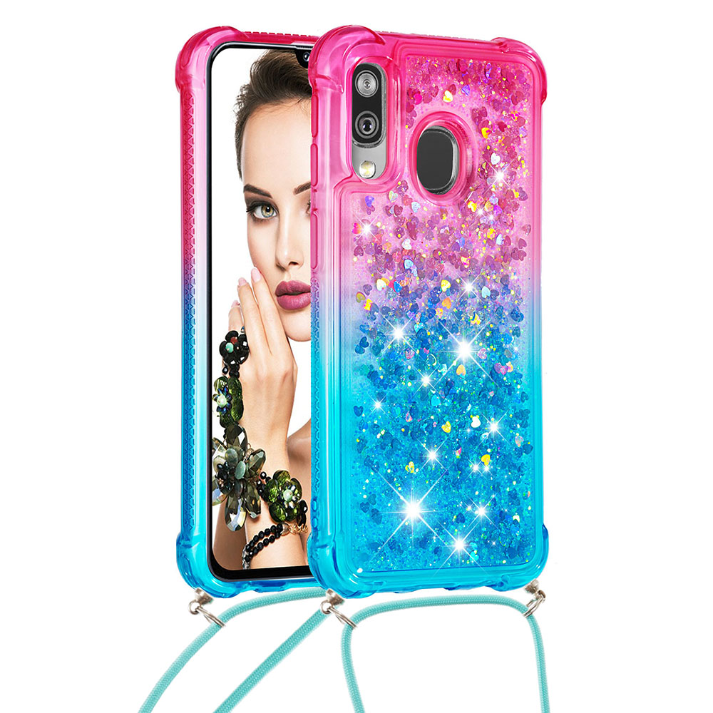 Gradient Liquid Quicksand Bling Glitter Case Cover For Samsung Galaxy A40 with Lanyard