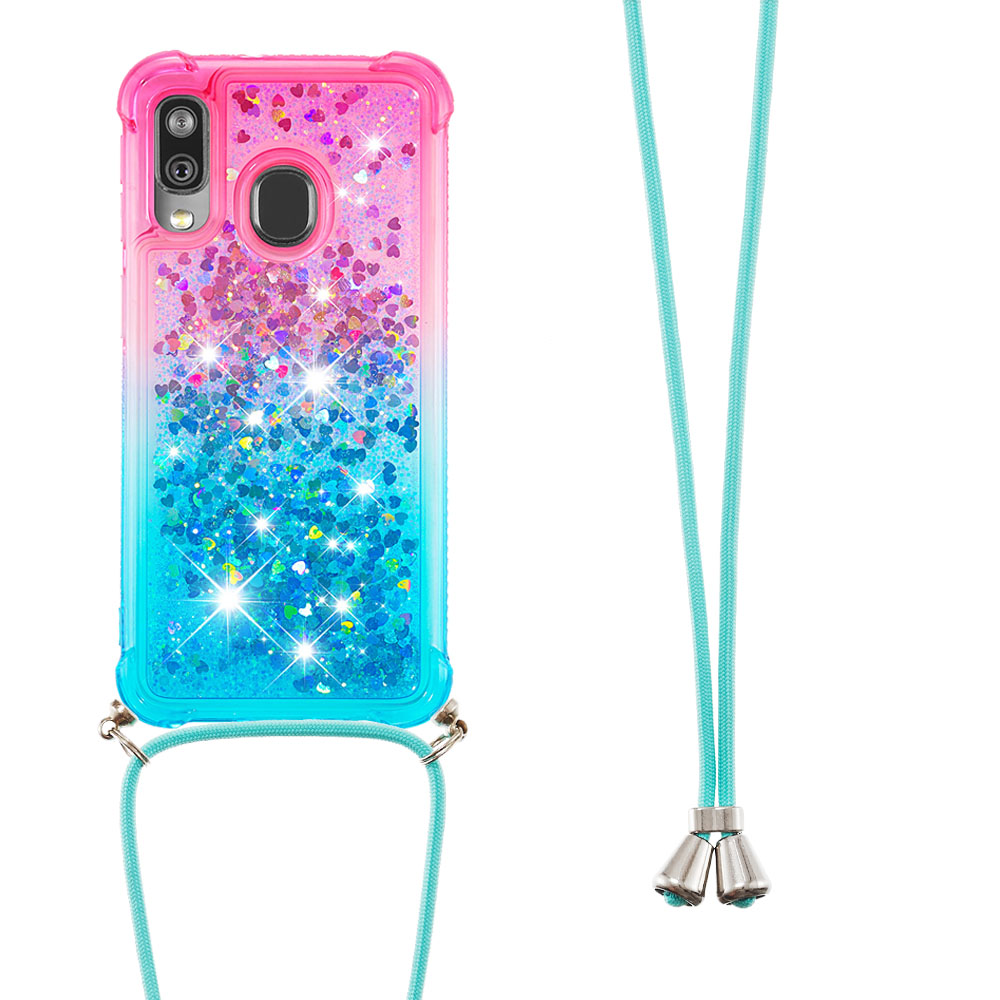 Gradient Liquid Quicksand Bling Glitter Case Cover For Samsung Galaxy A40 with Lanyard