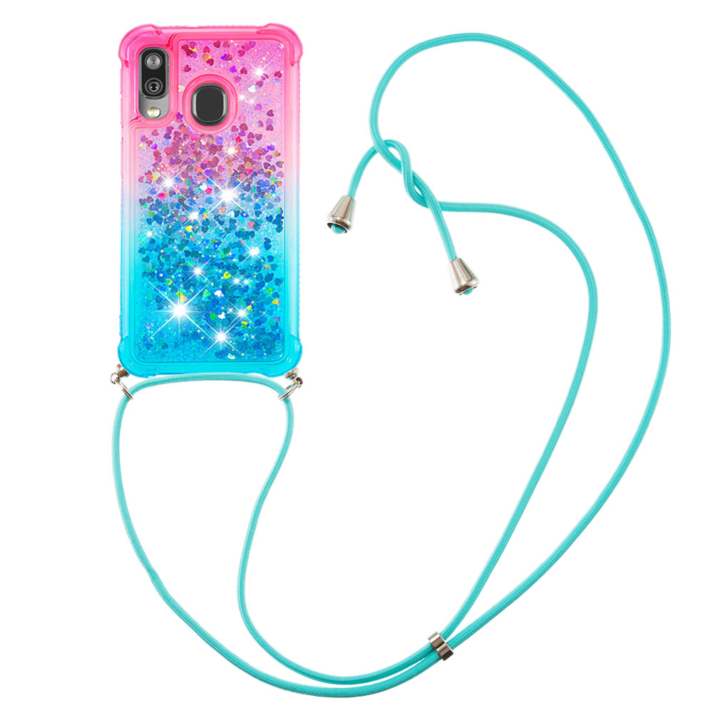 Gradient Liquid Quicksand Bling Glitter Case Cover For Samsung Galaxy A40 with Lanyard