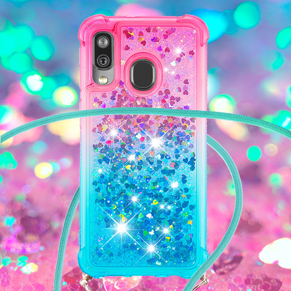 Gradient Liquid Quicksand Bling Glitter Case Cover For Samsung Galaxy A40 with Lanyard