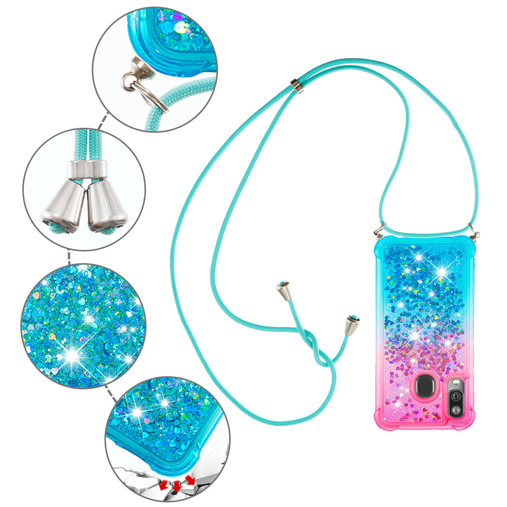 Gradient Liquid Quicksand Bling Glitter Case Cover For Samsung Galaxy A40 with Lanyard