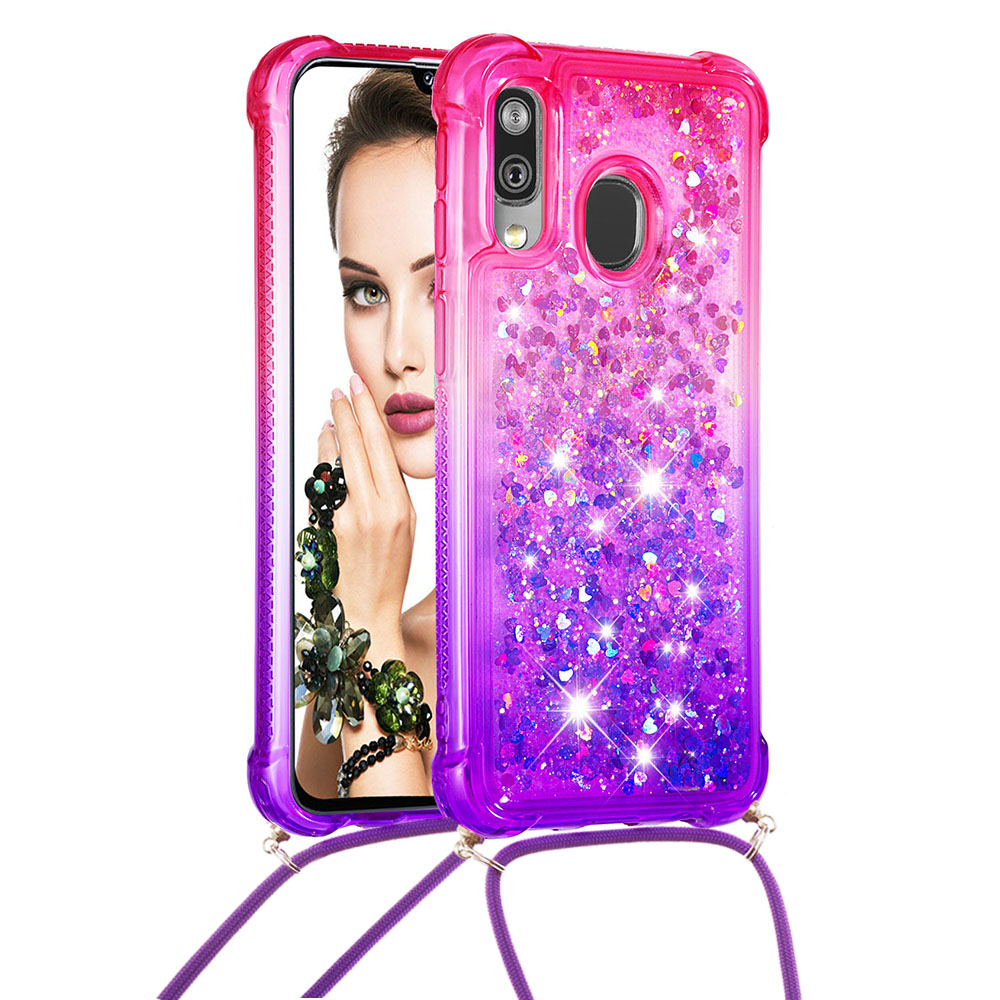 Gradient Liquid Quicksand Bling Glitter Case Cover For Samsung Galaxy A40 with Lanyard