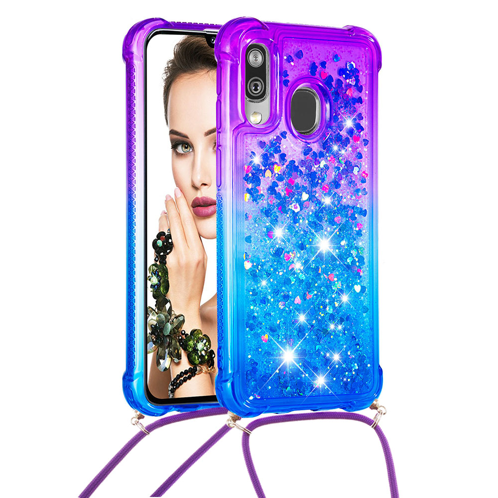 Gradient Liquid Quicksand Bling Glitter Case Cover For Samsung Galaxy A40 with Lanyard
