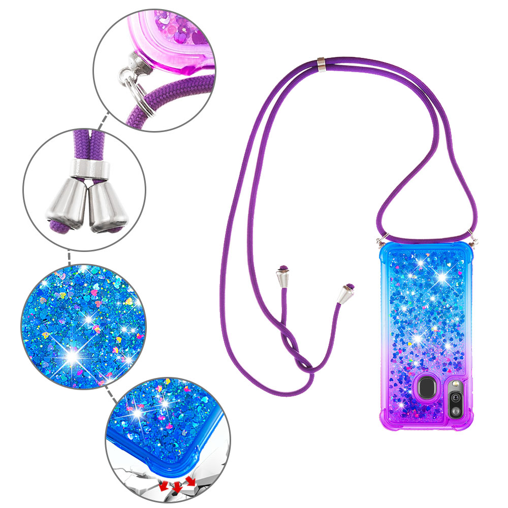 Gradient Liquid Quicksand Bling Glitter Case Cover For Samsung Galaxy A40 with Lanyard