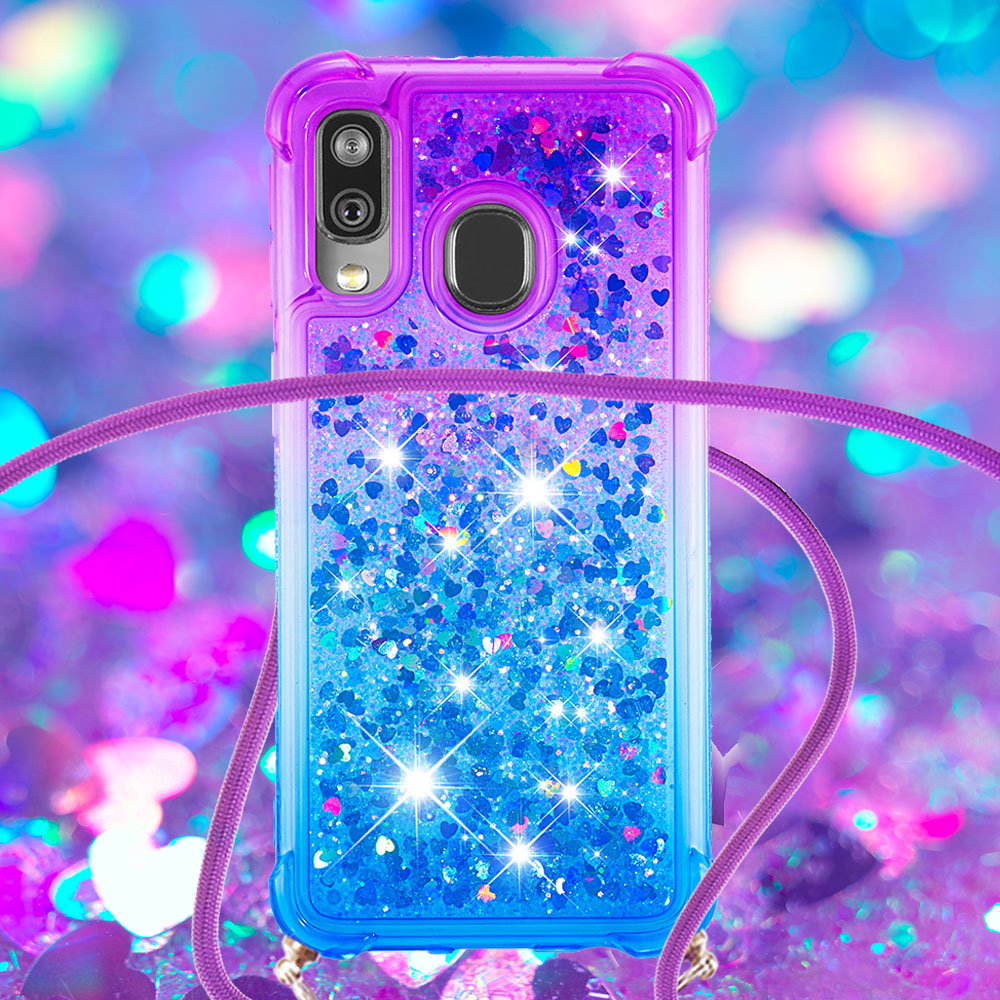 Gradient Liquid Quicksand Bling Glitter Case Cover For Samsung Galaxy A40 with Lanyard