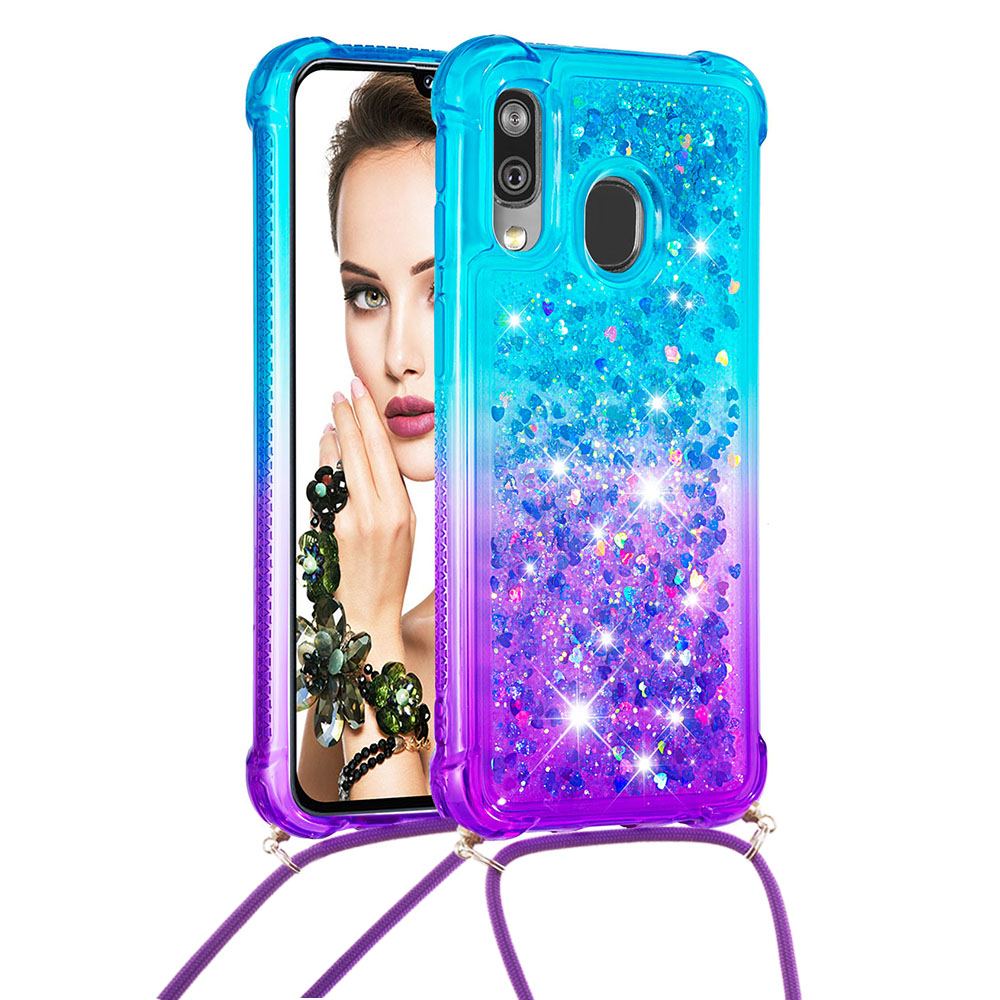 Gradient Liquid Quicksand Bling Glitter Case Cover For Samsung Galaxy A40 with Lanyard