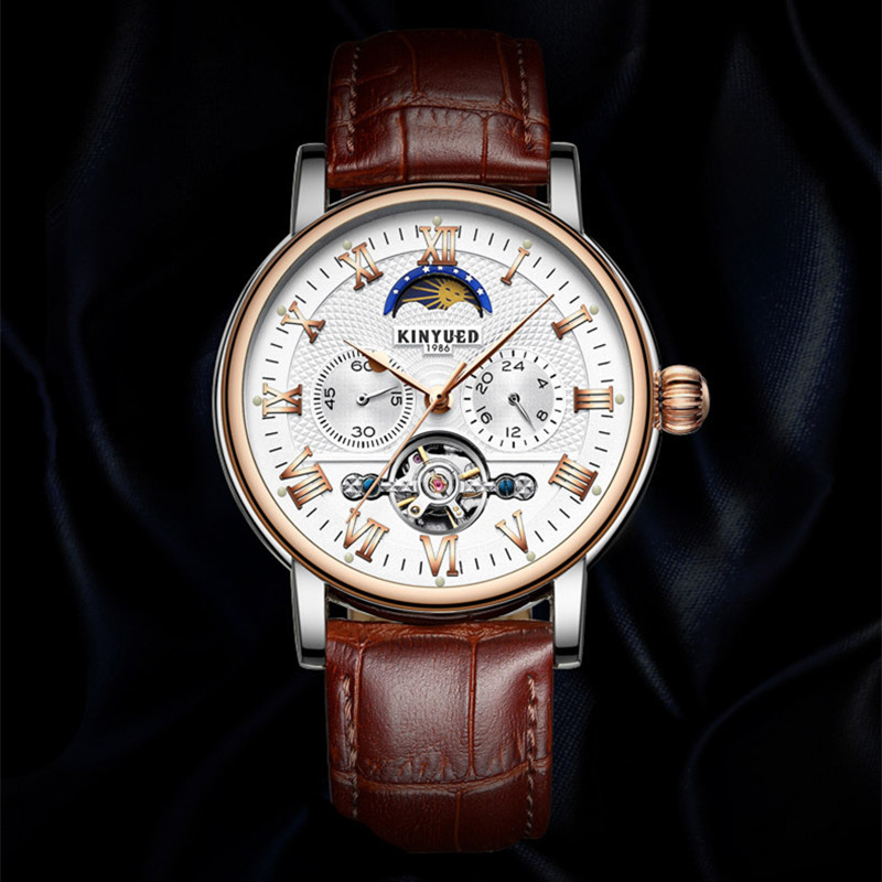 KINYUED Chronograph Men Automatic Watch Moon Phase Mechanical Skeleton Flying Tourbillon Watches