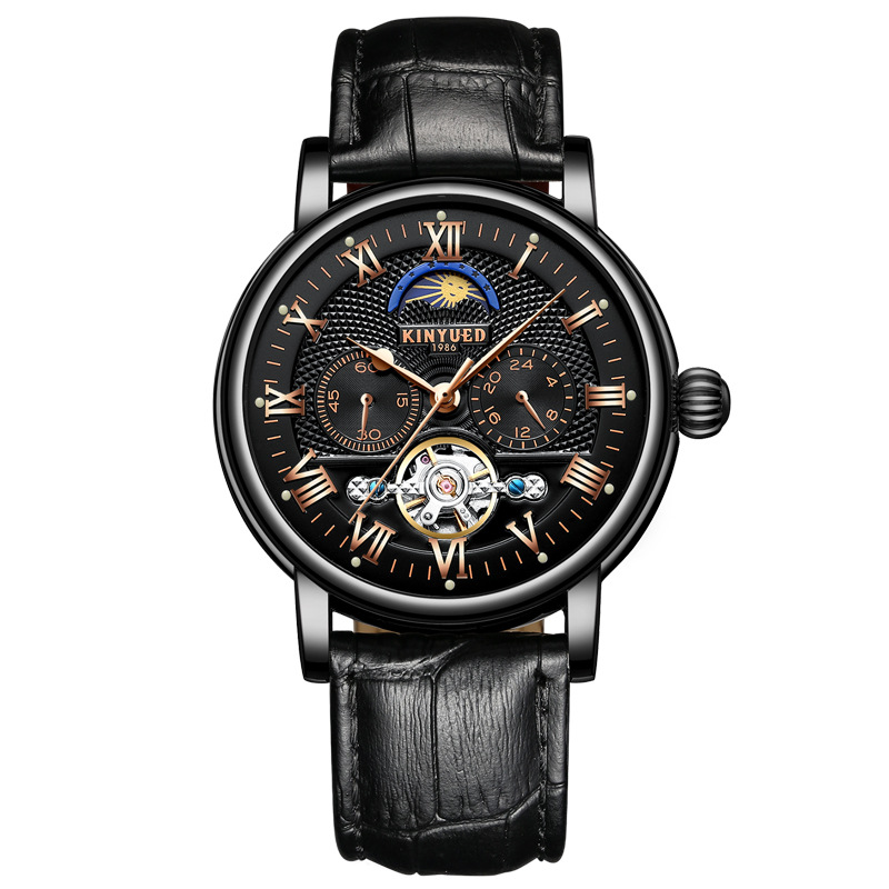 KINYUED Chronograph Men Automatic Watch Moon Phase Mechanical Skeleton Flying Tourbillon Watches