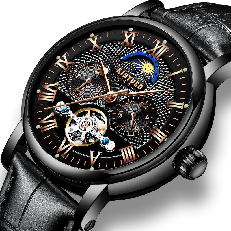 KINYUED Chronograph Men Automatic Watch Moon Phase Mechanical Skeleton Flying Tourbillon Watches