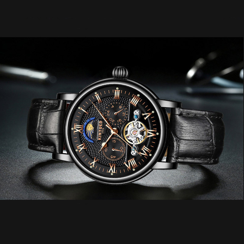 KINYUED Chronograph Men Automatic Watch Moon Phase Mechanical Skeleton Flying Tourbillon Watches