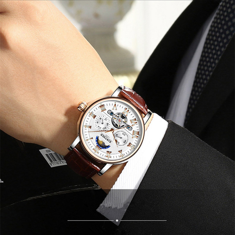 KINYUED Chronograph Men Automatic Watch Moon Phase Mechanical Skeleton Flying Tourbillon Watches