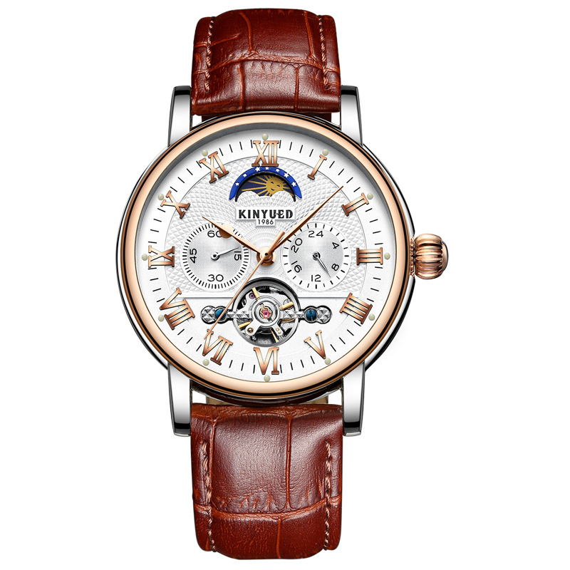 KINYUED Chronograph Men Automatic Watch Moon Phase Mechanical Skeleton Flying Tourbillon Watches