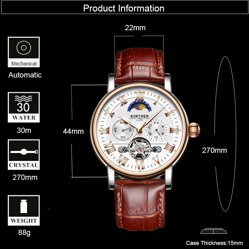 KINYUED Chronograph Men Automatic Watch Moon Phase Mechanical Skeleton Flying Tourbillon Watches