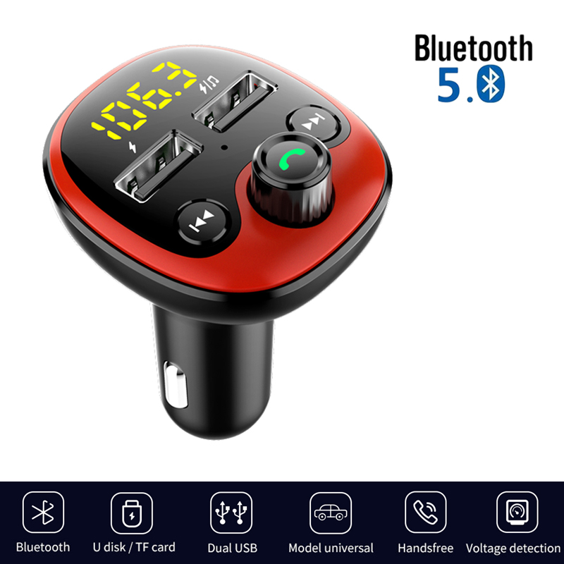 Bluetooth 5.0 Hands-free Calling Car Kit Wireless FM Transmitter Dual USB Fast Charger Mp3 Player