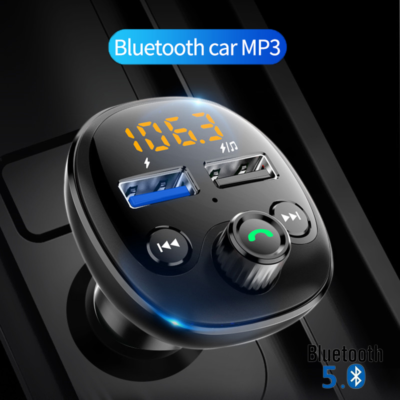 Bluetooth 5.0 Hands-free Calling Car Kit Wireless FM Transmitter Dual USB Fast Charger Mp3 Player