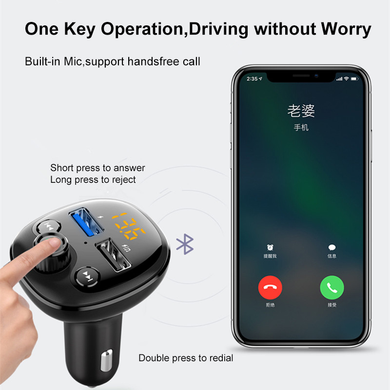 Bluetooth 5.0 Hands-free Calling Car Kit Wireless FM Transmitter Dual USB Fast Charger Mp3 Player