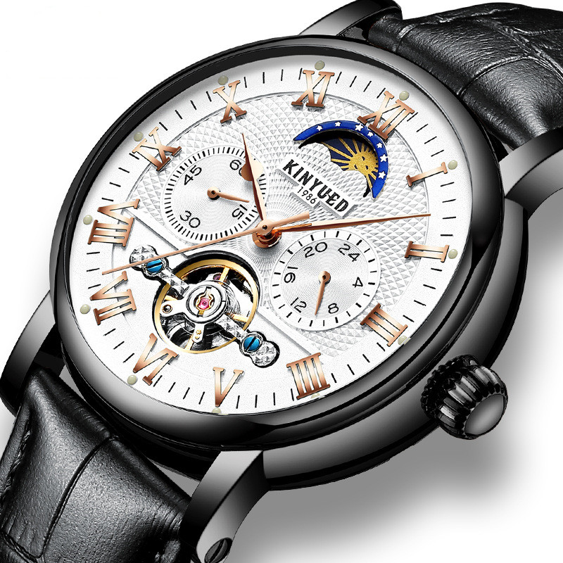 KINYUED Chronograph Men Automatic Watch Moon Phase Mechanical Skeleton Flying Tourbillon Watches