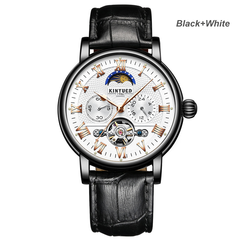 KINYUED Chronograph Men Automatic Watch Moon Phase Mechanical Skeleton Flying Tourbillon Watches