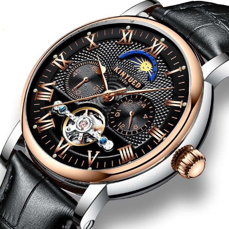 KINYUED Chronograph Men Automatic Watch Moon Phase Mechanical Skeleton Flying Tourbillon Watches