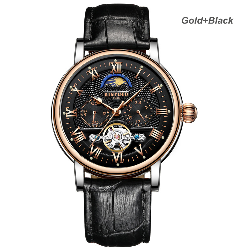 KINYUED Chronograph Men Automatic Watch Moon Phase Mechanical Skeleton Flying Tourbillon Watches