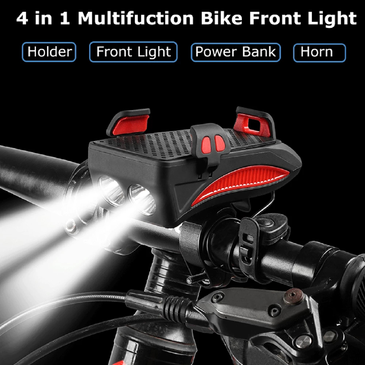 4 In 1 Bike Front Light  Handlebar Phone Holder with Bike Bell Function Power Bank Bicycle Lamp Flashlight