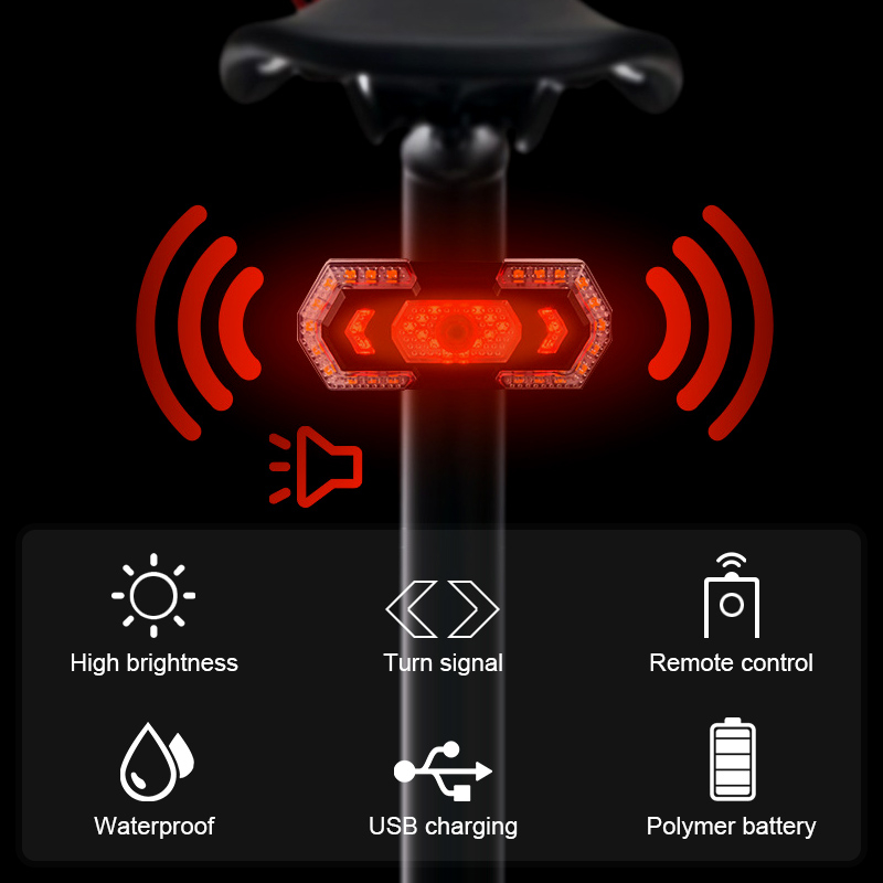 Smart Wireless Bicycle Taillight USB Rechargeable Bike Turn Signal Lights Outdoor Security Cycling Waterproof Warning Lamp with Horn