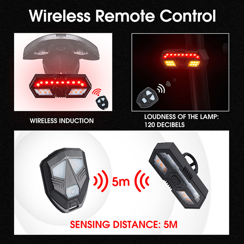 Smart Bicycle Turn Signal Light Wireless Remote Control Rechargeable Bike Rear Lamps Outdoor Security Cycling Waterproof 6 Modes Warning Lights with Buzzer