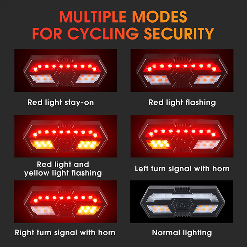 Smart Bicycle Turn Signal Light Wireless Remote Control Rechargeable Bike Rear Lamps Outdoor Security Cycling Waterproof 6 Modes Warning Lights with Buzzer