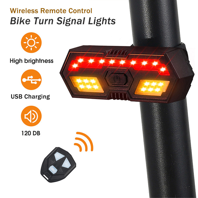 Smart Bicycle Turn Signal Light Wireless Remote Control Rechargeable Bike Rear Lamps Outdoor Security Cycling Waterproof 6 Modes Warning Lights with Buzzer