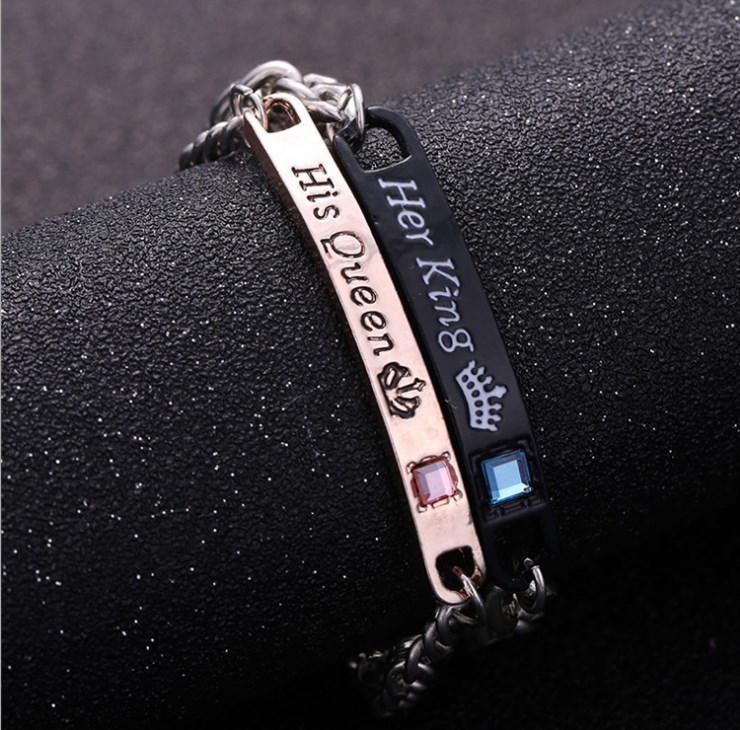 2pcs Fashion Couple Chain Bracelets Her King and His Queen Bracelet Creative Bracelets for Men Women Couple Jewelry Party Anniversary Gift