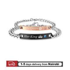 2pcs Couple Bracelets Men/Women Bracelets Chain Crystal  On Hands Jewellery Lovers Gift His Queen+Her King 22cm