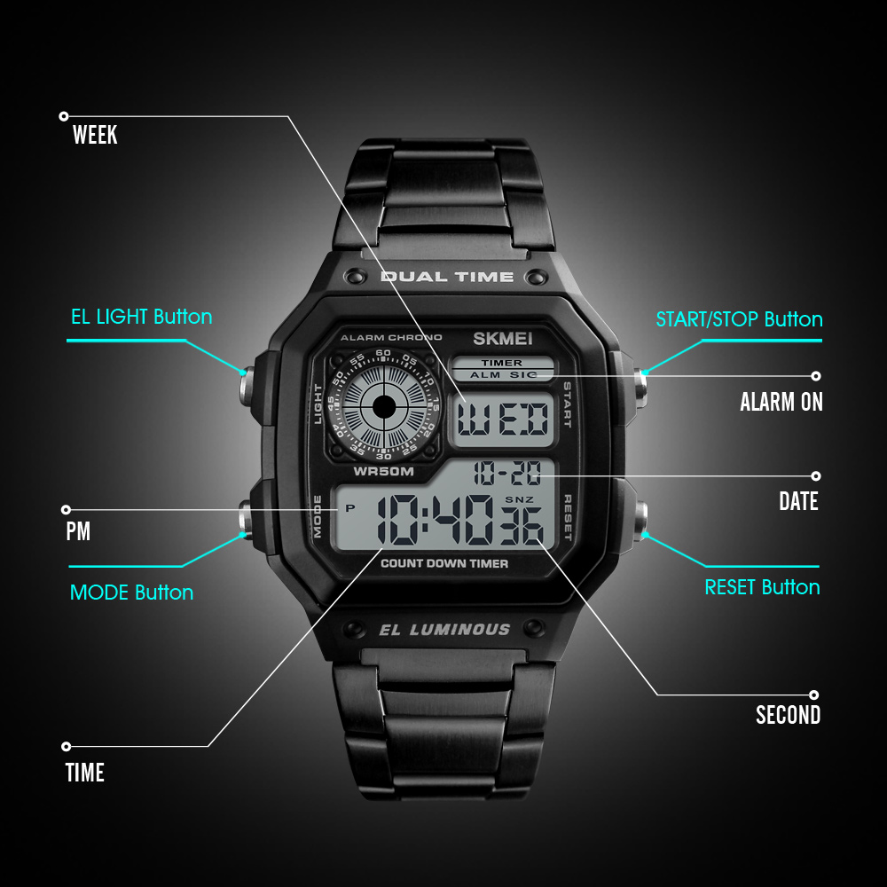SKMEI Men Sports Watches Count Down Waterproof Quartz Watch Stainless Steel Fashion Digital Watches Business Watches