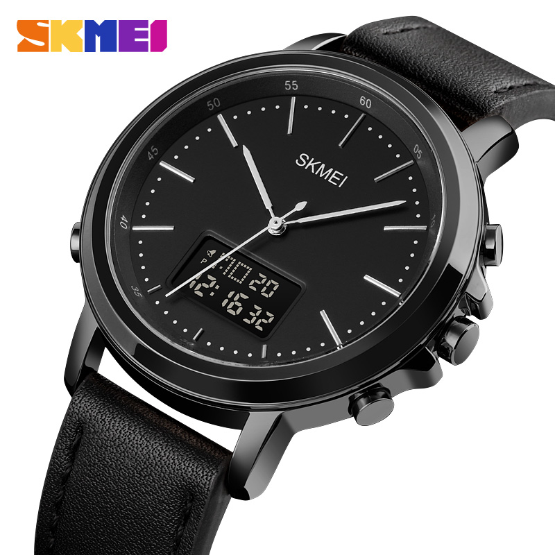 SKMEI Dual Display Casual Men Sports Watches Digital Watches Leather Strap Waterproof Quartz Watches Business Watches