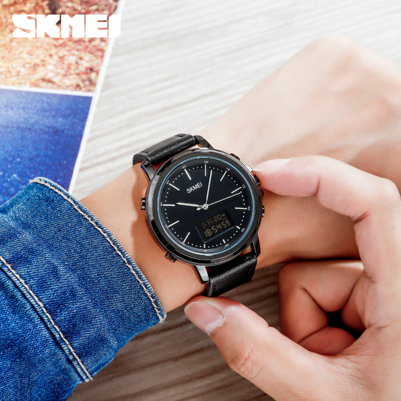 SKMEI Dual Display Casual Men Sports Watches Digital Watches Leather Strap Waterproof Quartz Watches Business Watches