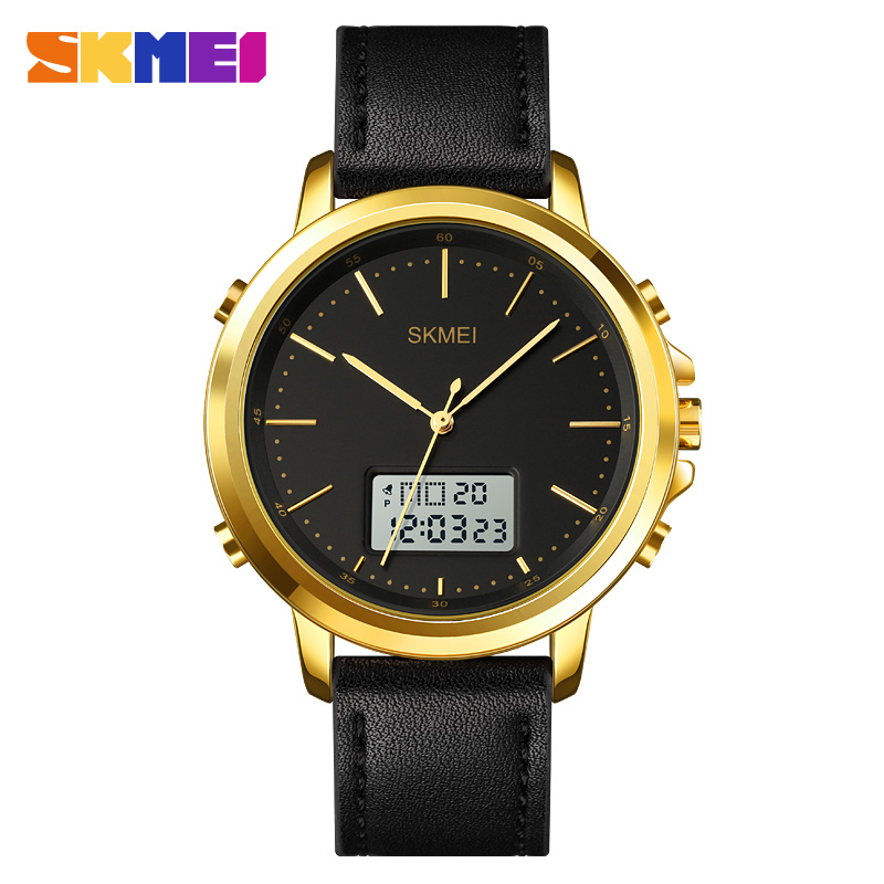 SKMEI Dual Display Casual Men Sports Watches Digital Watches Leather Strap Waterproof Quartz Watches Business Watches